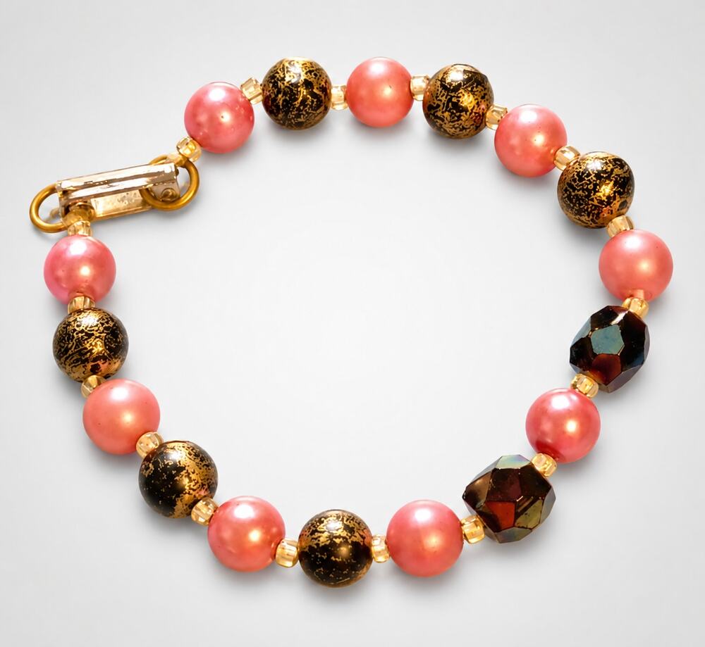 Vintage Beaded Bracelet 6.5" Pink, black, BronzeBracelet sbr-39